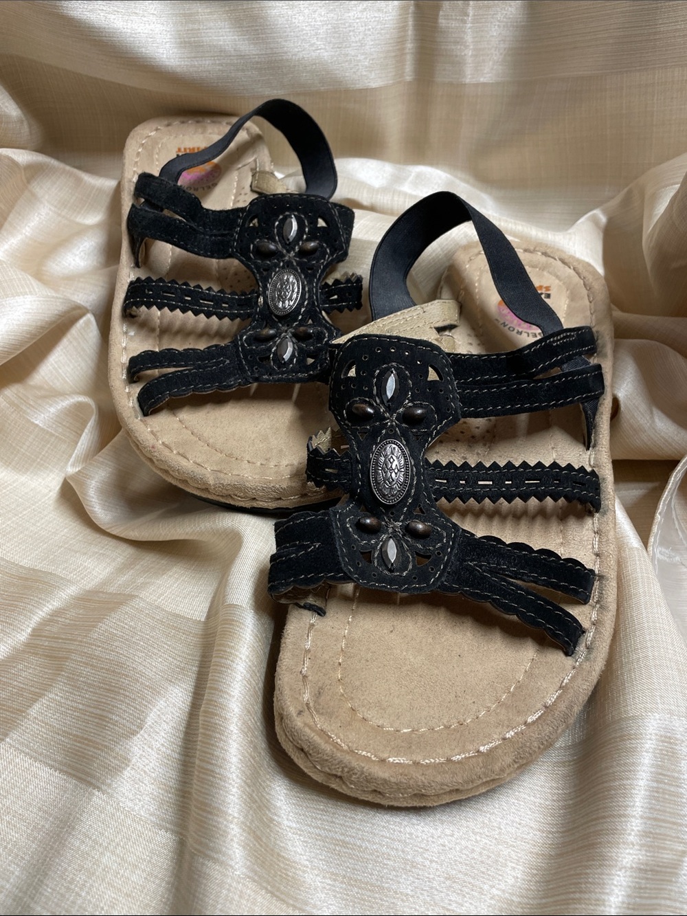 Earth Spirit Black Beaded Woman’s Slingback Boho Beaded Sandal Size 8